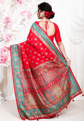 Red Kani Silk Saree With Blouse Piece