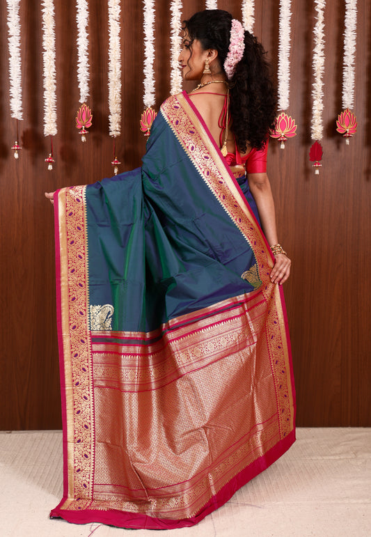 Peacock Blue with Rani Pink Border Kanjivaram Silk Saree With Blouse Piece