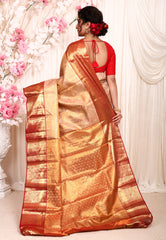 Golden Brocade with Red Border Tissue Kanjivaram Pure Silk Saree With Blouse Piece