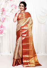 Golden Brocade with Red Border Tissue Kanjivaram Pure Silk Saree With Blouse Piece