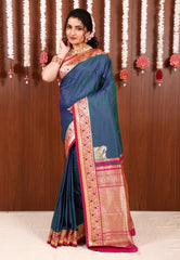 Peacock Blue with Rani Pink Border Kanjivaram Silk Saree With Blouse Piece