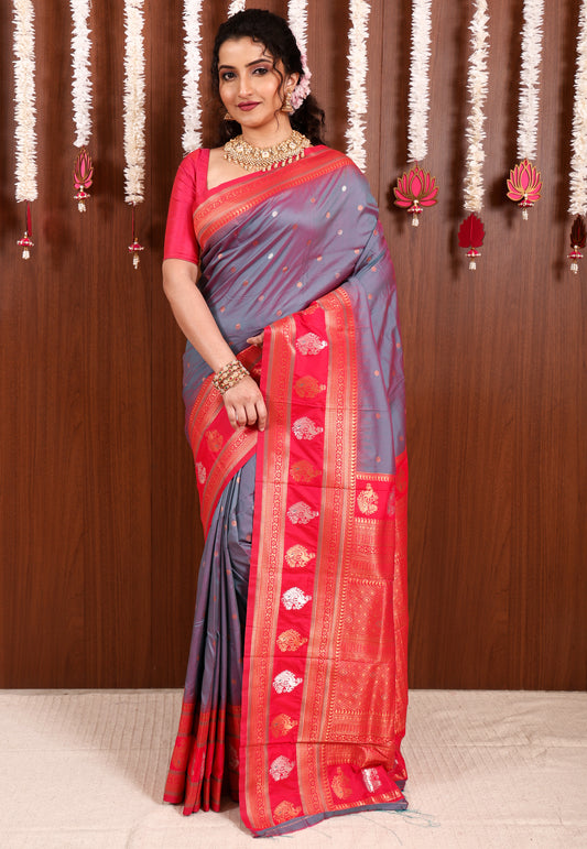 Dual shades of Purple and Blue with Rani Pink Border  Kanjivaram Silk Saree With Blouse Piece