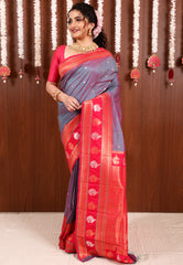 Dual shades of Purple and Blue with Rani Pink Border  Kanjivaram Silk Saree With Blouse Piece