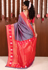 Dual shades of Purple and Blue with Rani Pink Border  Kanjivaram Silk Saree With Blouse Piece