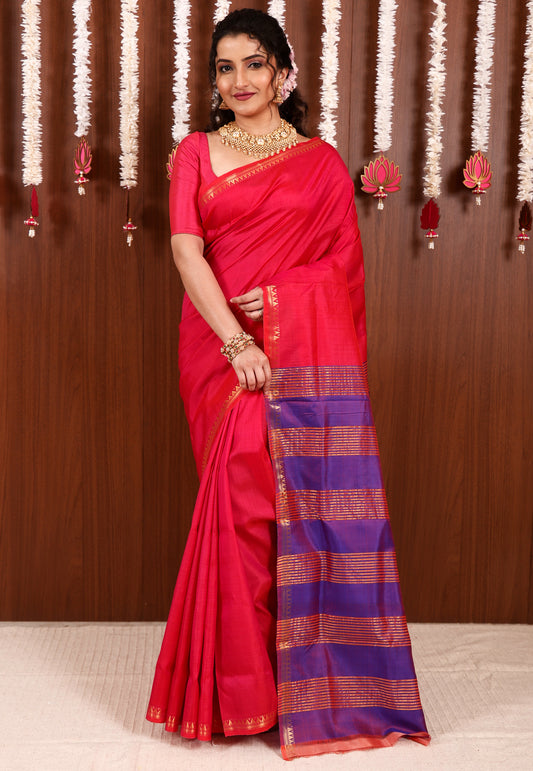 Rani Pink Katan Pure Silk Saree With Blouse Piece