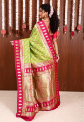 Parrot Green with Rani Pink Border Kanjivaram Silk Saree With Blouse Piece