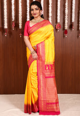 Yellow with Rani Pink Border Kanjivaram Silk Saree With Blouse Piece