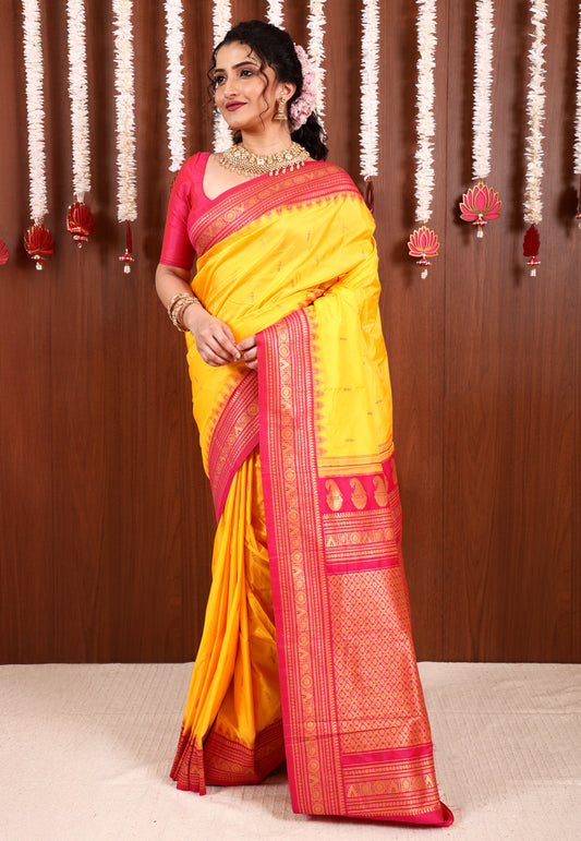 Yellow with Rani Pink Border Kanjivaram Silk Saree With Blouse Piece