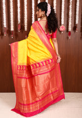 Yellow with Rani Pink Border Kanjivaram Silk Saree With Blouse Piece