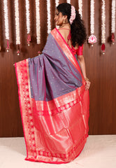 Dual shades of Purple and Blue with Rani Pink Border Kanjivaram Silk Saree With Blouse Piece