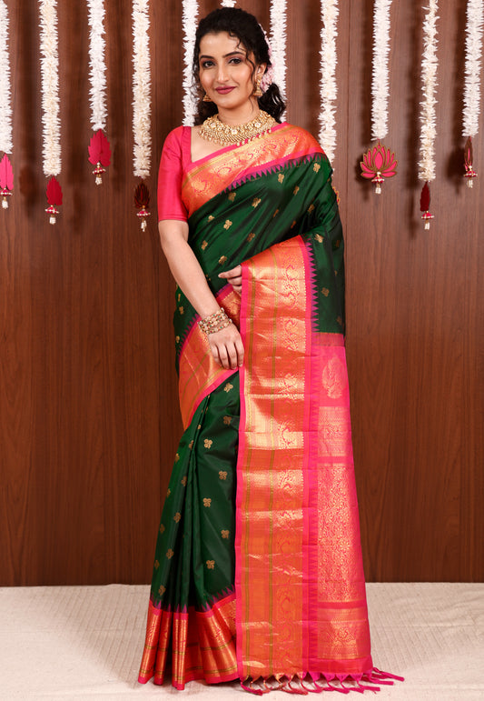 Bottle Green with Rani Pink Border Gadwal Saree With Blouse Piece