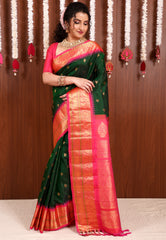 Bottle Green with Rani Pink Border Gadwal Saree With Blouse Piece