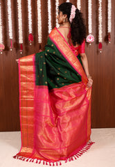 Bottle Green with Rani Pink Border Gadwal Saree With Blouse Piece