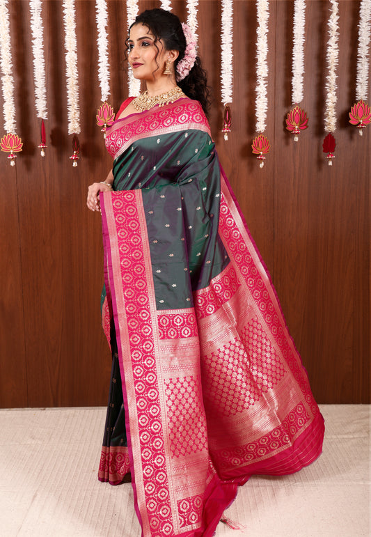 Cross Green with Rani Pink Border Kanjivaram Silk Saree With Blouse Piece