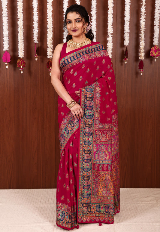 Rani Pink Kani Silk Saree With Blouse Piece