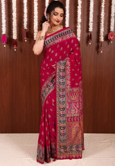 Rani Pink Kani Silk Saree With Blouse Piece