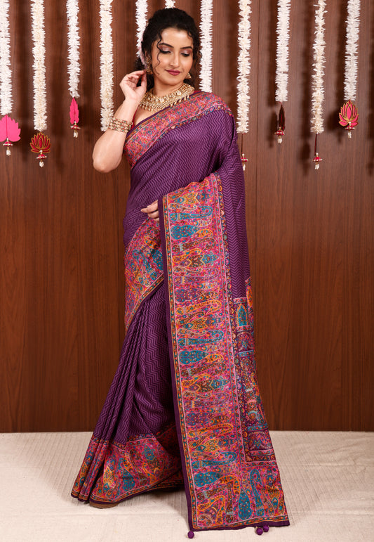 Purple Kani Silk Saree With Blouse Piece