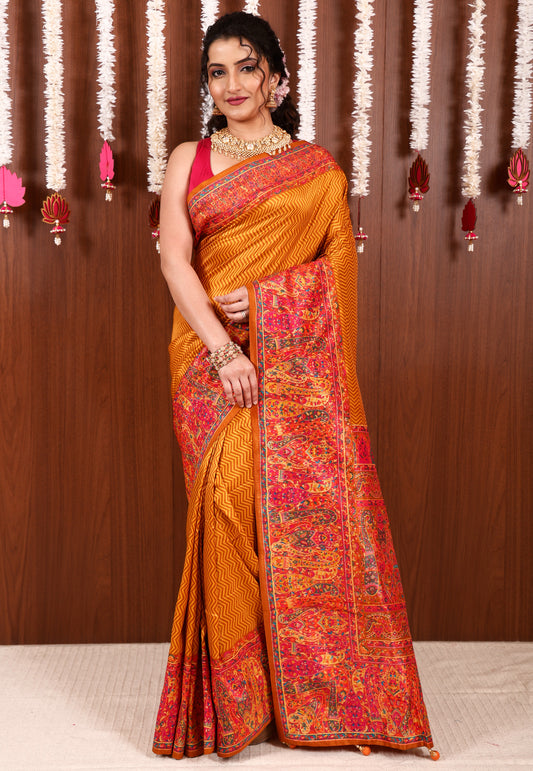 Mustard Yellow Kani Silk Saree With Blouse Piece