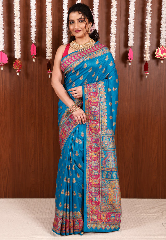 Blue Kani Silk Saree With Blouse Piece