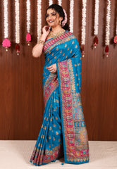 Blue Kani Silk Saree With Blouse Piece