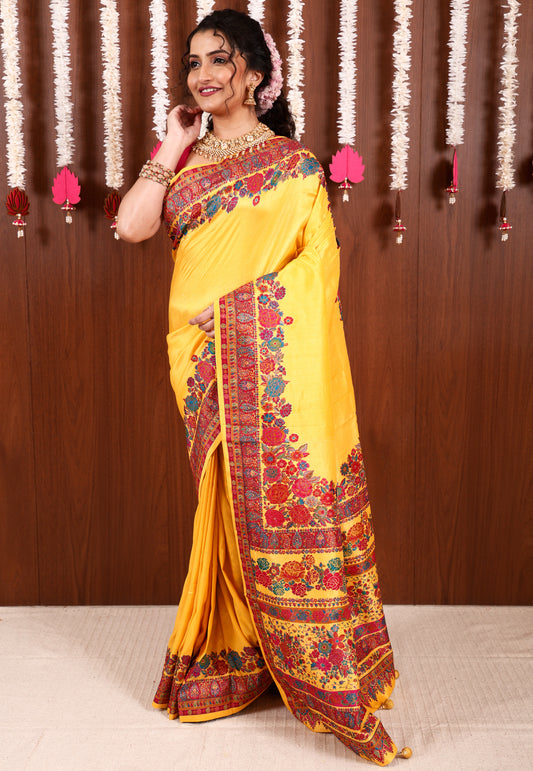 Yellow Kani Silk Saree With Blouse Piece