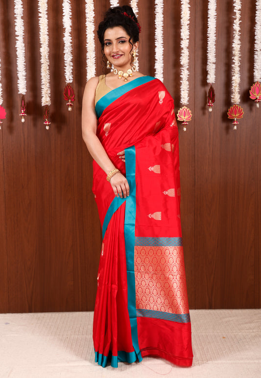 Red with Rama Green Border Katan Pure Silk Saree With Blouse Piece