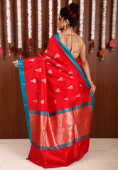 Red with Rama Green Border Katan Pure Silk Saree With Blouse Piece