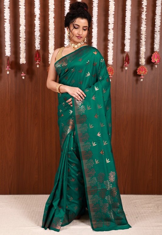 Rama Green Katan Silk Saree With Blouse Piece