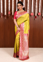 Lime Green with Rani Pink Border Kanjivaram Silk Saree With Blouse Piece