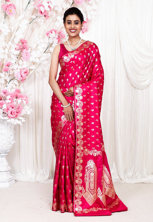 Rani Pink Wedding Banarasi Silk Saree with Blouse Piece