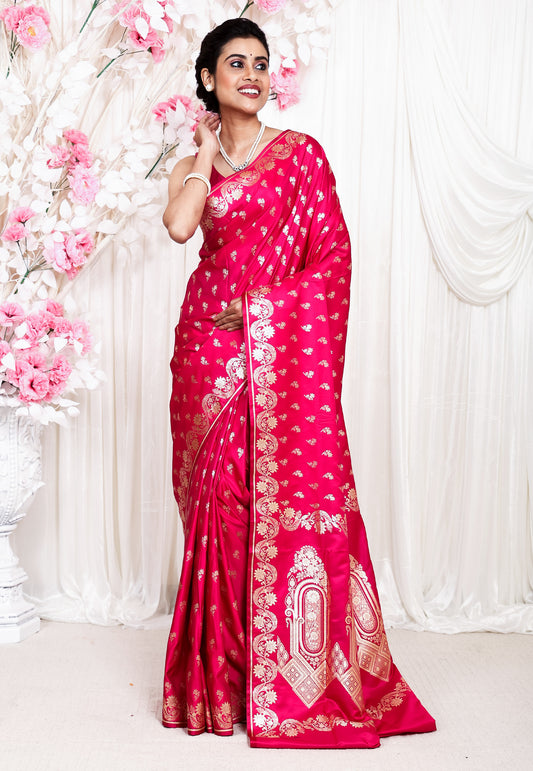 Rani Pink Wedding Banarasi Silk Saree with Blouse Piece