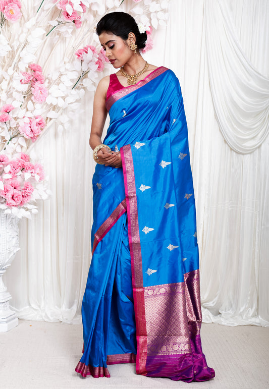 Feroza Blue with Rani Pink Border Katan Pure Silk Saree With Blouse Piece