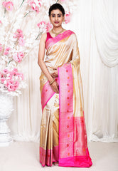 Tussar color with Rani Pink Minakari Border Katan Pure Silk Saree With Blouse Piece