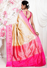 Tussar color with Rani Pink Minakari Border Katan Pure Silk Saree With Blouse Piece