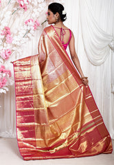 Pink Brocade with Rani Pink Border Tissue Kanjivaram Pure Silk Saree With Blouse Piece