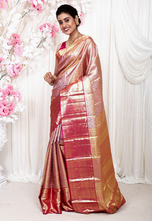 Pink Brocade with Rani Pink Border Tissue Kanjivaram Pure Silk Saree With Blouse Piece