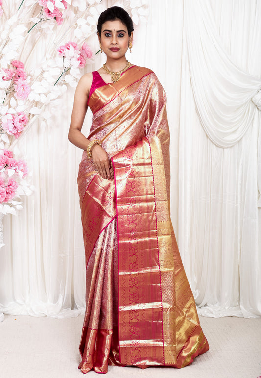 Pink Brocade with Rani Pink Border Tissue Kanjivaram Pure Silk Saree With Blouse Piece