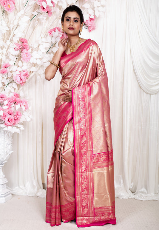 Pink Brocade with Rani Pink Border Tissue Kanjivaram Silk Saree With Blouse Piece