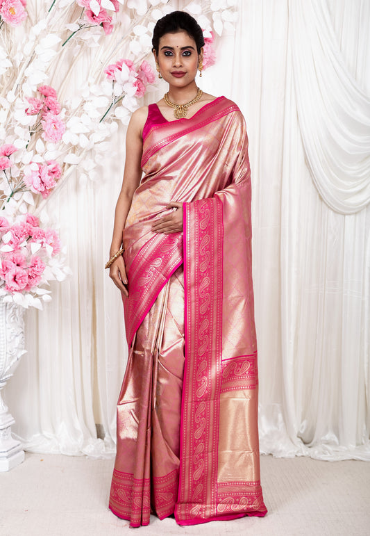 Pink Brocade with Rani Pink Border Tissue Kanjivaram Silk Saree With Blouse Piece