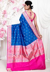 Feroza Blue with Ran Pink Border Minakari Katan Pure Silk Saree With Blouse Piece