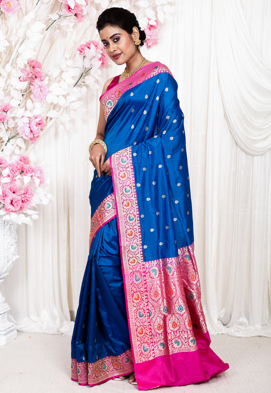 Feroza Blue with Ran Pink Border Minakari Katan Pure Silk Saree With Blouse Piece