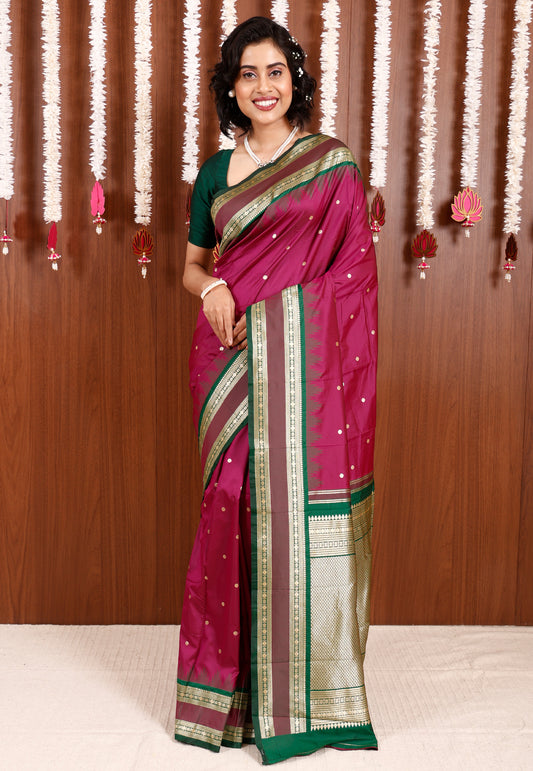 Magenta with Bottle Green Border Kanjivaram Silk Saree With Blouse Piece