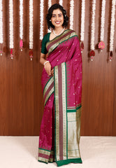 Magenta with Bottle Green Border Kanjivaram Silk Saree With Blouse Piece