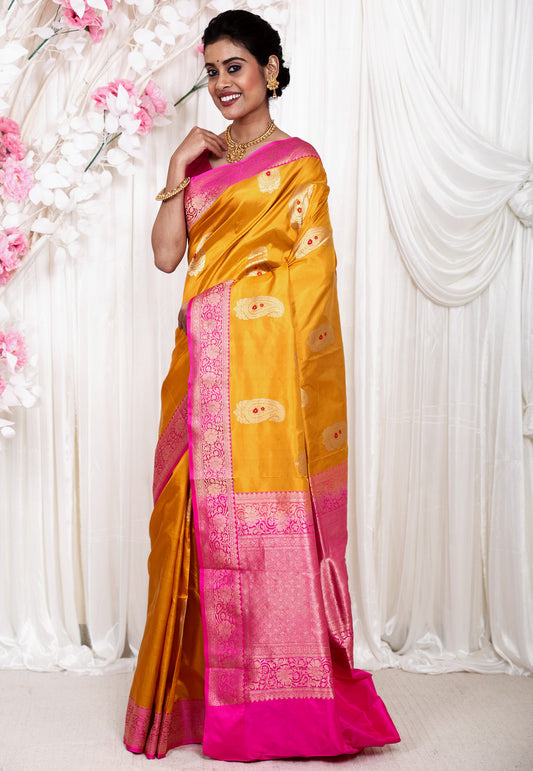 Mustard with Rani Pink Border Katan Pure Silk Saree With Blouse Piece