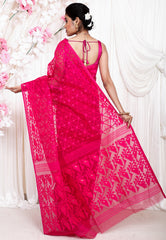 Rani Pink Dhakai Jamdani Cotton Saree without Blouse Piece