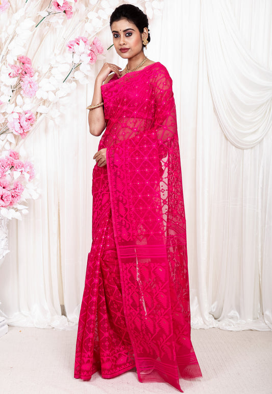 Rani Pink Dhakai Jamdani Cotton Saree without Blouse Piece