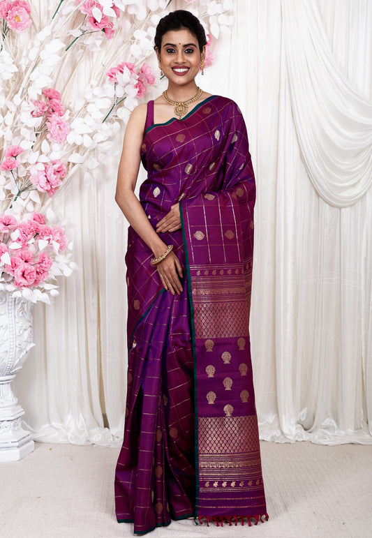 Purple Borderless Gadwal Pure Silk Saree With Blouse Piece