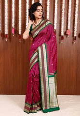 Magenta with Bottle Green Border Kanjivaram Silk Saree With Blouse Piece