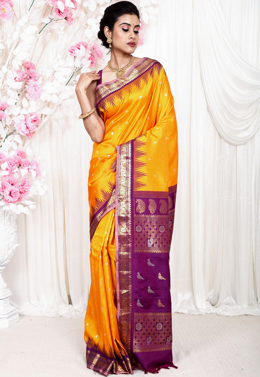 Yellow with Magenta Border Gadwal Pure Silk Saree With Blouse Piece