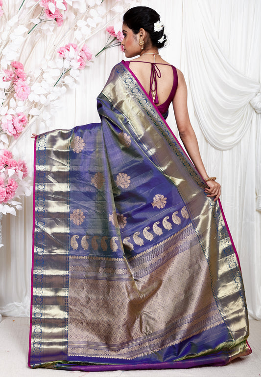 Blue Gadwal Pure Silk Saree With Blouse Piece